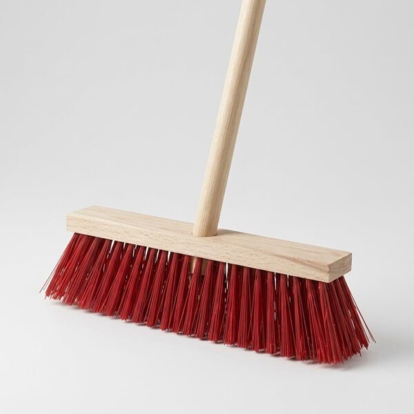 Heavy-Duty Wooden Push Broom with Stiff Red Bristles – Heavy Yard & Outdoor Sweep Broom with Long Wooden Handle